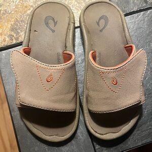 OluKai Kids Taupe Slide Sandals with Orange Accents
